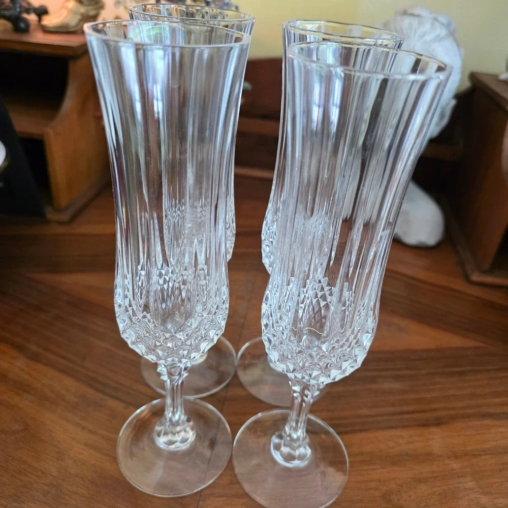 CRISTAL D'ARQUES Longchamp Crystal Champagne Flutes Set 4 French‎ Stemware